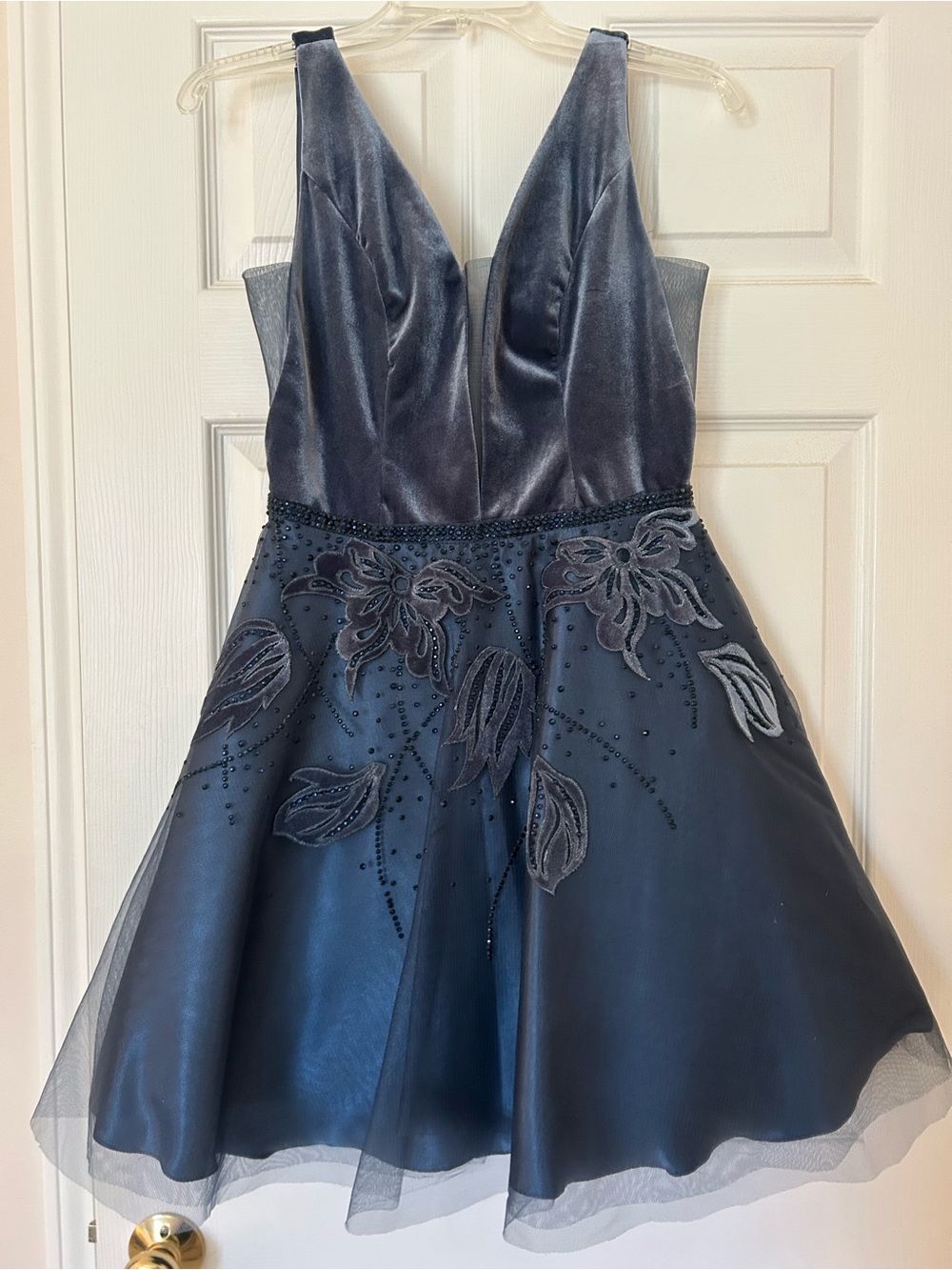 Tiffany Midnight Blue Velvet Bodice Floral Appliqué Party Dress
